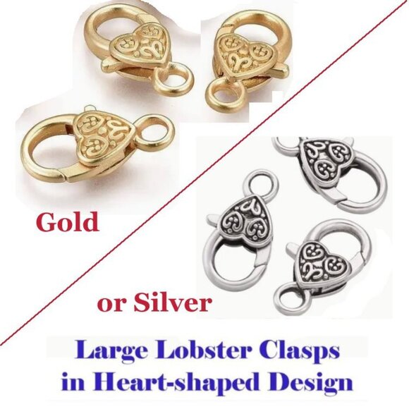 Large Lobster Clasps in Heart-shaped Design.  Three Clasps in Gold or Silver - Picture 1 of 3
